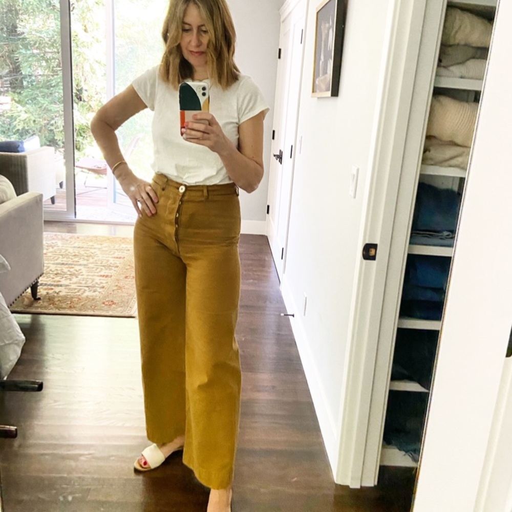 Jesse Kamm Wide-Leg High-Rise Pants in Mustard Brown